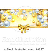 Vector Illustration of a 3d Gold Christmas, Birthday or Other Holiday Gift Bow and Ribbon over Baubles with Gold and White by AtStockIllustration