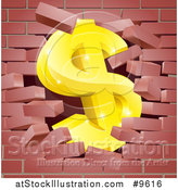 Vector Illustration of a 3d Gold Dollar Currency Symbol Breaking Through a Red Brick Wall by AtStockIllustration