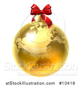 Vector Illustration of a 3d Gold Earth Globe Christmas Bauble with a Red Bow by AtStockIllustration