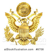 Vector Illustration of a 3d Gold Great Seal of the United States with a Bald Eagle Holding an Olive Branch and Arrows, an American Flag Body and E Pluribus Unum Scroll and Stars over His Head by AtStockIllustration