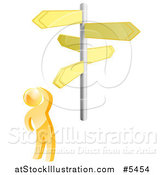 Vector Illustration of a 3d Gold Man at Crossroads Signs by AtStockIllustration