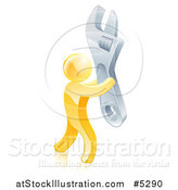 Vector Illustration of a 3d Gold Man Carrying a Giant Spanner Wrench by AtStockIllustration