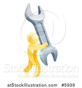 Vector Illustration of a 3d Gold Man Carrying a Giant Wrench by AtStockIllustration