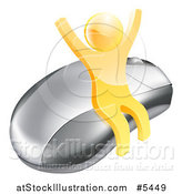 Vector Illustration of a 3d Gold Man Cheering and Sitting on a Computer Mouse by AtStockIllustration