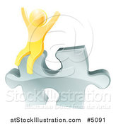 Vector Illustration of a 3d Gold Man Cheering on a Silver Solution Puzzle Piece by AtStockIllustration