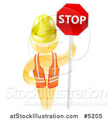 Vector Illustration of a 3d Gold Man Construction Worker Holding a Stop Sign by AtStockIllustration