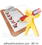 Vector Illustration of a 3d Gold Man Filling out a Survey on a Giant Clipboard by AtStockIllustration