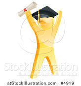 Vector Illustration of a 3d Gold Man Graduate Cheering with a Diploma by AtStockIllustration