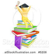 Vector Illustration of a 3d Gold Man Graduate Cheering with a Diploma on Books by AtStockIllustration