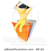 Vector Illustration of a 3d Gold Man Graduate with a Diploma, Cheering and Sitting on Books by AtStockIllustration