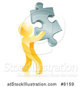 Vector Illustration of a 3d Gold Man Holding a Silver Puzzle Piece by AtStockIllustration