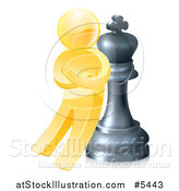 Vector Illustration of a 3d Gold Man Leaning Against a King Chess Piece by AtStockIllustration