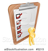 Vector Illustration of a 3d Gold Man Looking at a Giant Survey on a Clipboard by AtStockIllustration