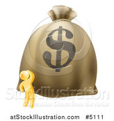 Vector Illustration of a 3d Gold Man Looking up at a Big Dollar Money Bag by AtStockIllustration