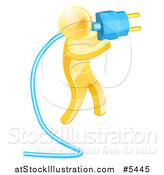 Vector Illustration of a 3d Gold Man Plugging in a Blue Cable by AtStockIllustration