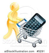 Vector Illustration of a 3d Gold Man Pushing a Calculator in a Shopping Cart by AtStockIllustration
