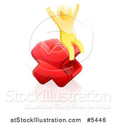 Vector Illustration of a 3d Gold Man Sitting and Cheering on a Giant Red Cross X by AtStockIllustration