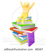 Vector Illustration of a 3d Gold Man Sitting on a Stack of Books and Cheering by AtStockIllustration