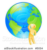 Vector Illustration of a 3d Gold Man Thinking by an Earth Globe by AtStockIllustration