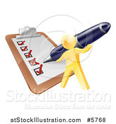 Vector Illustration of a 3d Gold Man Using a Pen to Check off a List by AtStockIllustration