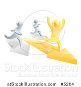 Vector Illustration of a 3d Gold Man Winning a Race on Arrows Against Silver Men by AtStockIllustration