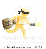 Vector Illustration of a 3d Gold Masked Robber Running with a Money Bag and Flashlight by AtStockIllustration