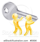 Vector Illustration of a 3d Gold Men Holding up a Giant Key by AtStockIllustration