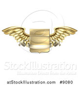 Vector Illustration of a 3d Gold Metal Heraldic Winged Shield with a Blank Banner Ribbon by AtStockIllustration