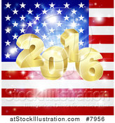 Vector Illustration of a 3d Gold New Year 2016 Burst over an American Flag and Fireworks by AtStockIllustration
