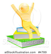 Vector Illustration of a 3d Gold Person Cheering and Sitting on a Stack of Books by AtStockIllustration