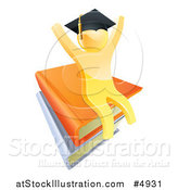 Vector Illustration of a 3d Gold Person Graduate Cheering and Sitting on a Stack of Books by AtStockIllustration