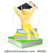 Vector Illustration of a 3d Gold Person Graduate with a Diploma, Cheering and Sitting on a Stack of Books by AtStockIllustration