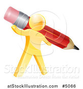Vector Illustration of a 3d Gold Person Holding a Giant Red Pencil by AtStockIllustration