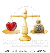 Vector Illustration of a 3d Gold Scale Weighing Love and a Money Bag by AtStockIllustration