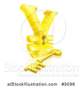 Vector Illustration of a 3d Gold Yen Lock with a Skeleton Key and Reflection by AtStockIllustration