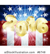 Vector Illustration of a 3d Golden 2016 Burst over an American Flag and Fireworks by AtStockIllustration