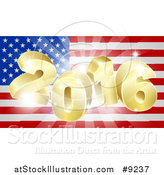 Vector Illustration of a 3d Golden 2016 Burst over an American Flag and Fireworks by AtStockIllustration