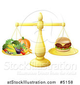 Vector Illustration of a 3d Golden Scale Comparing a Cheeseburger to Produce by AtStockIllustration