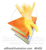 Vector Illustration of a 3d Happy Cheering Gold Man Sitting on a Stack of Books by AtStockIllustration