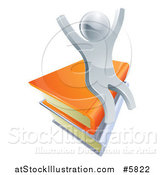 Vector Illustration of a 3d Happy Cheering Silver Man Sitting on Books by AtStockIllustration