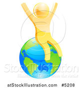 Vector Illustration of a 3d Happy Gold Man Sitting and Cheering on Planet Earth by AtStockIllustration