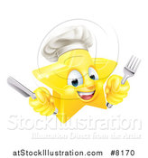 Vector Illustration of a 3d Happy Golden Chef Star Emoji Emoticon Character Holding Cutlery by AtStockIllustration