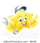 Vector Illustration of a 3d Happy Golden Mechanic Star Emoji Emoticon Character Wearing a Hat, Giving a Thumb up and Holding a Wrench by AtStockIllustration