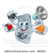 Vector Illustration of a 3d Happy Smart Phone Character Multitasking with a Megaphone, Books, Gamer Controller, Heart, and Camera by AtStockIllustration
