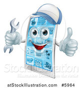 Vector Illustration of a 3d Happy Smart Phone Character Wearing a Hat, Holding a Thumb up and an Adjustable Wrench by AtStockIllustration