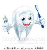 Vector Illustration of a 3d Happy White Tooth Character Smiling, Holding a Toothbrush and Tube of Toothpaste by AtStockIllustration