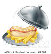 Vector Illustration of a 3d Hot Dog with a Side of French Fries Being Served in a Cloche Platter by AtStockIllustration