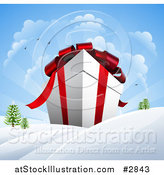 Vector Illustration of a 3d Huge Christmas Gift Box in a Winter Landscape with Snow and Sunshine by AtStockIllustration