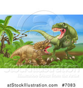 Vector Illustration of a 3d Hungry Tyrannosaurus Rex Dinosaur Attacking a Triceratops by AtStockIllustration