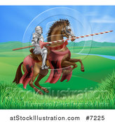 Vector Illustration of a 3d Knight Holding a Jousting Lance on a Rearing Brown Horse in a Valley by AtStockIllustration